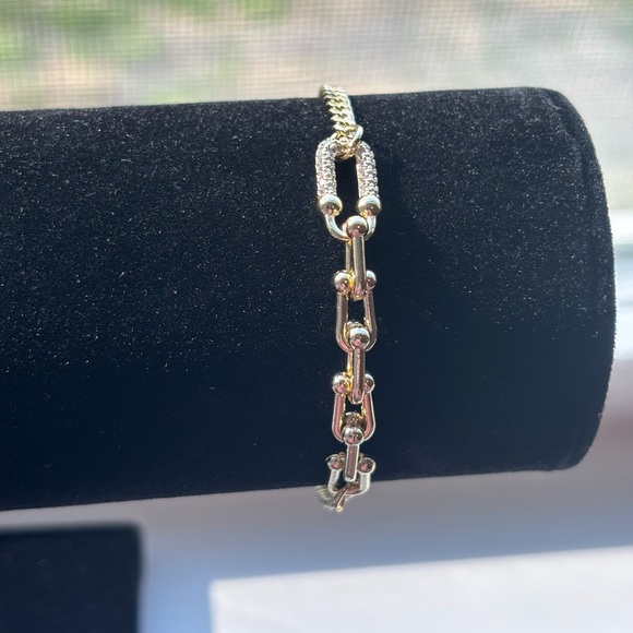 Jewelry - Gold Plated Mixed Chain Bracelet w/ Pavé Link ✨ Trendy Chunky Statement Jewelry